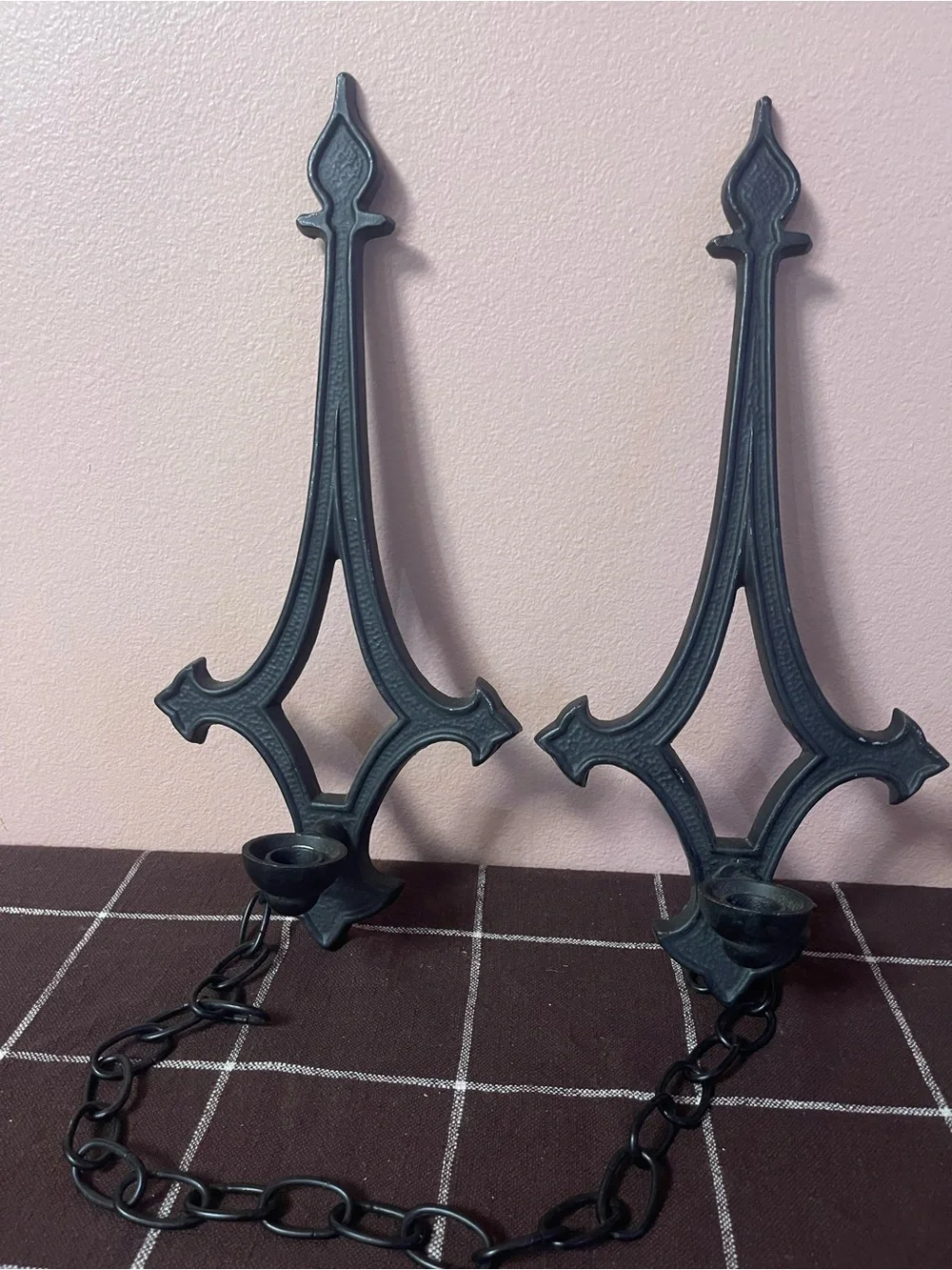 Vintage Gothic Spanish Revival Candle Sconce Pair With Chain